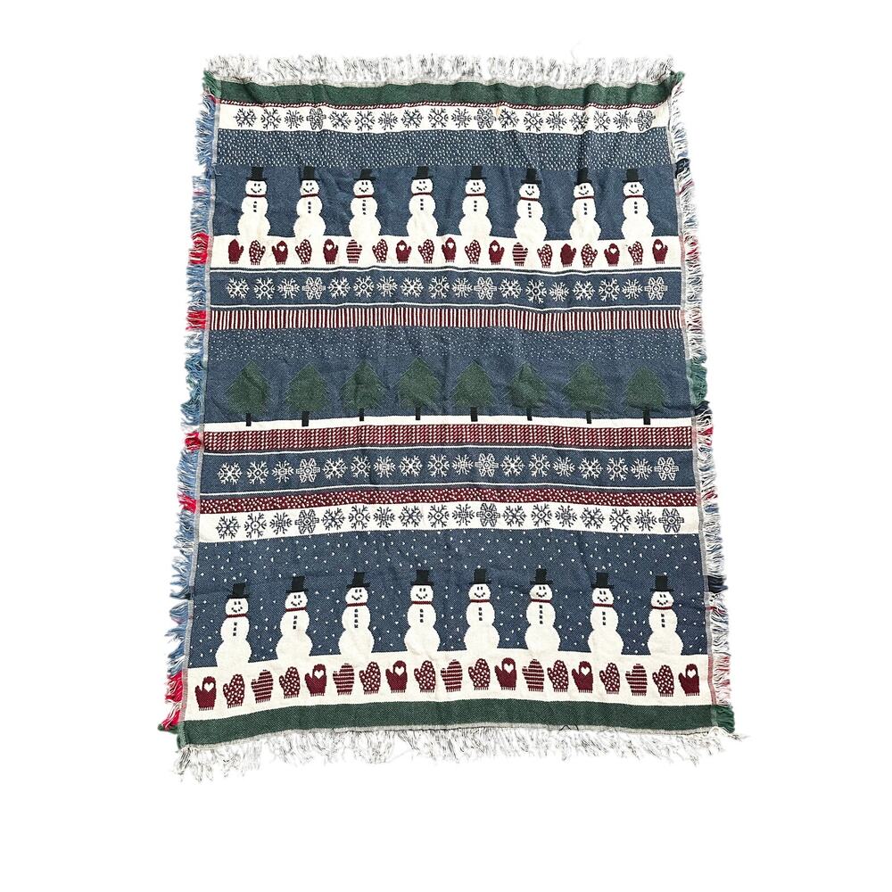 Crown Crafts Cotton USA Snowman Fair Isle Winter Theme Tapestry Blanket Fringe